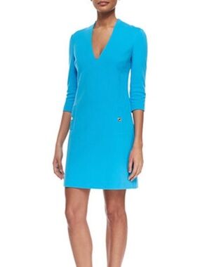 Lilly Pulitzer Charlene Dress Ariel Blue Womens Medium 3/4 Sleeve Sheath V